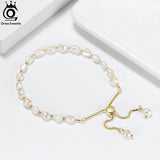 Sterling Silver Adjustable 14K Chain Pearl Bracelet