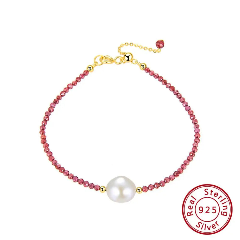 925 Silver Bracelet Red Garnet Pearl Women Girls Gift
