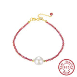 925 Silver Bracelet Red Garnet Pearl Women Girls Gift