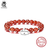 925 Silver Charm 12 Birthstone Bracelet Red Agate Zirconia Beads GMB01