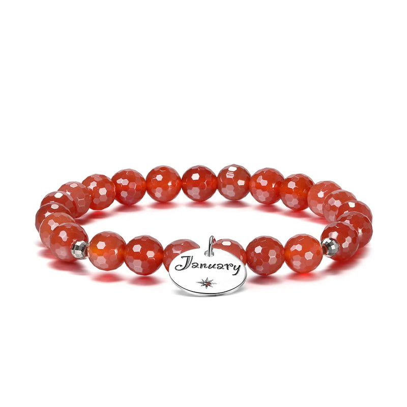 925 Silver Charm 12 Birthstone Bracelet Red Agate Zirconia Beads GMB01