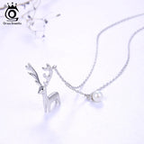 925 Silver Christmas Deer Necklace w/ Pearl Pendant