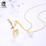 925 Silver Christmas Deer Necklace w/ Pearl Pendant
