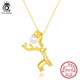 925 Silver Christmas Deer Necklace w/ Pearl Pendant