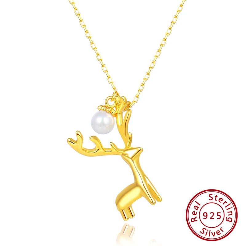 925 Silver Christmas Deer Necklace w/ Pearl Pendant