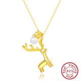 925 Silver Christmas Deer Necklace w/ Pearl Pendant