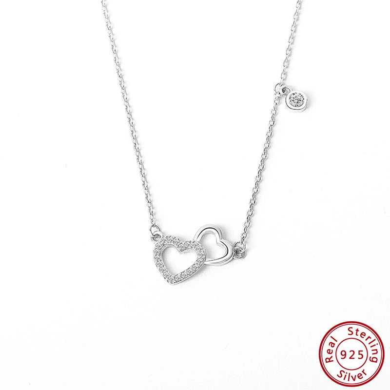 925 Silver Double Love Pendant Necklace Heart CZ Necklace for Women