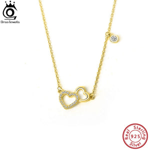 925 Silver Double Love Pendant Necklace Heart CZ Necklace for Women