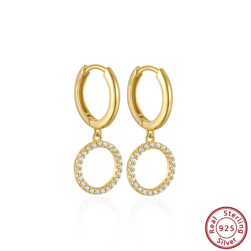 925 Silver Double Circle Zirconia Hoop Drop Earrings