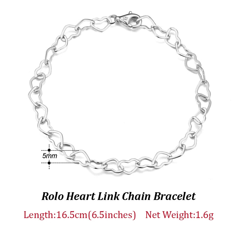 925 Silver Heart Link Chain Bracelet 6.5-8 Inch