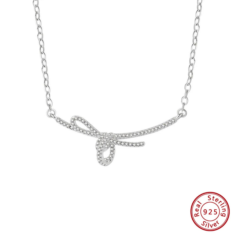 925 Silver Bowknot Pendant Necklace with Cubic Zirconia, Women Birthday Gift