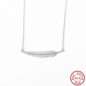 925 Silver Leaf Pendant Necklace CZ Feather Necklace