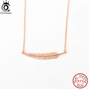 925 Silver Leaf Pendant Necklace CZ Feather Necklace