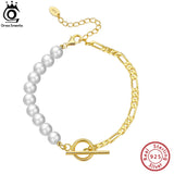 925 Silver Link Chain & Half Baroque 6mm Natural Pearl Bracelet
