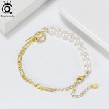 925 Silver Link Chain & Half Baroque 6mm Natural Pearl Bracelet