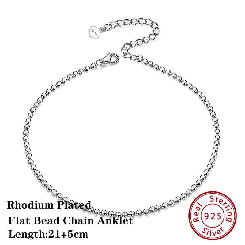 Sterling Silver Flat Beads Chain Anklet for Women Beach Barefoot Anklets