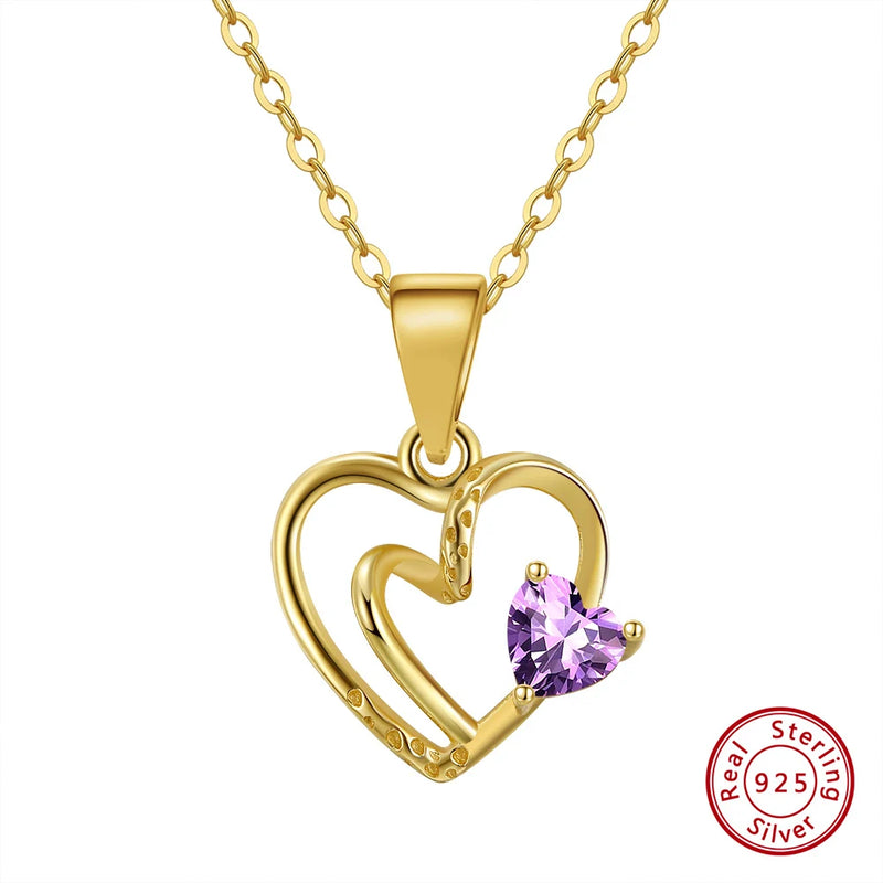 Sterling Silver Natural Gemstone Pendant Necklace Double Heart Jewelry