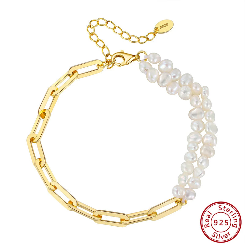 925 Silver Paperclip Chain Double Strand Bracelet with Pearls