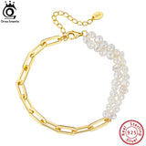 925 Silver Paperclip Chain Double Strand Bracelet with Pearls