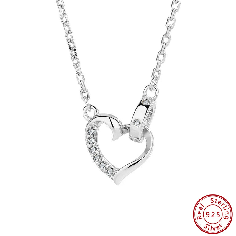 925 Silver Heart Necklace Women Love Double Ring Pendant Anniversary