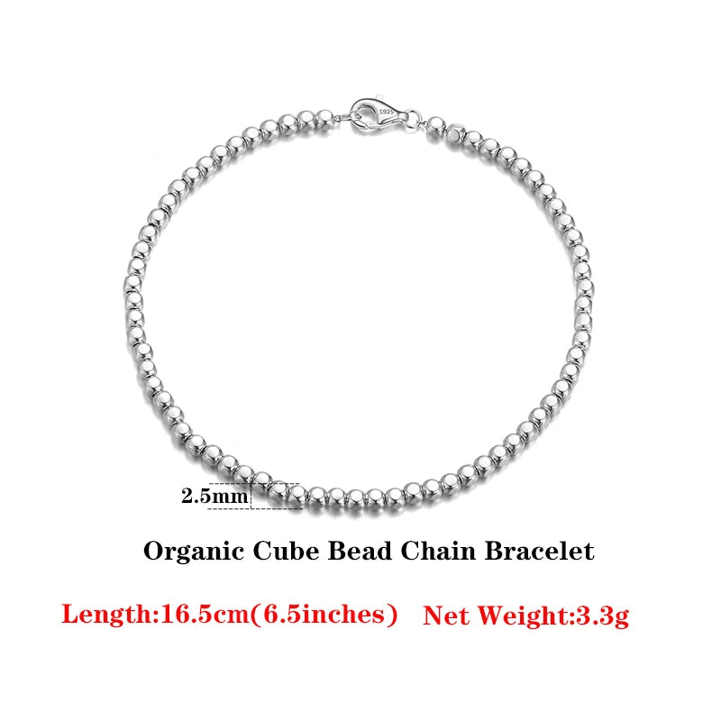 925 Silver 2.5mm Organic Cube Bead Chain Bracelet for Women Men