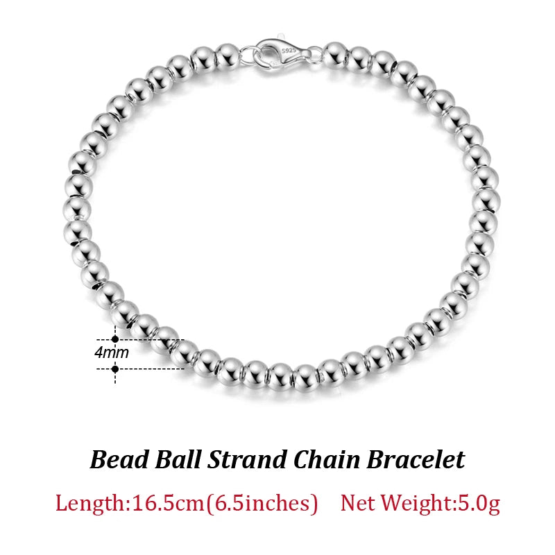 925 Silver Italian Round Ball Bead Bracelet 4mm Chain 16.5 18 SB103