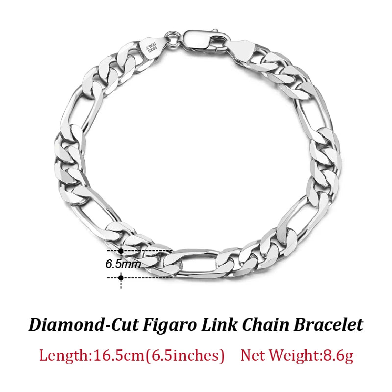 925 Sterling Silver Punk Diamond-Cut Link Chain Bracelet for Men Women
