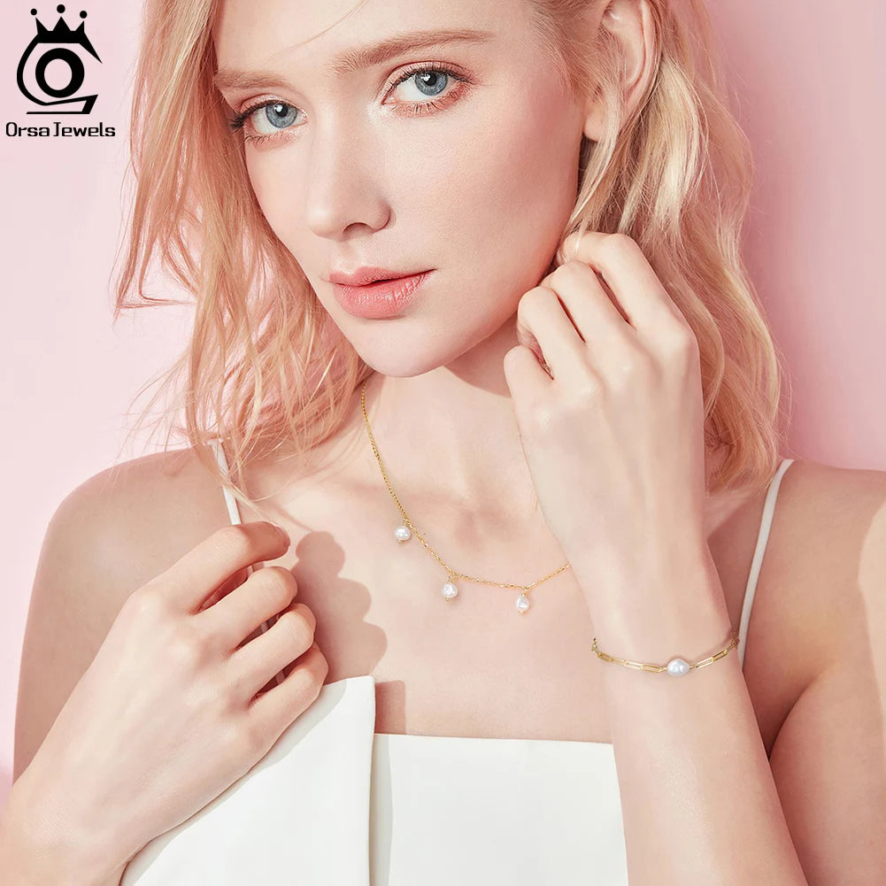 925 Silver Pearl & Paperclip Vintage Chain Bracelet