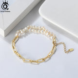 925 Silver Pearl Double Strand Bracelet with Paper Clip Chains