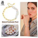 925 Silver Pearl Double Strand Bracelet with Paper Clip Chains