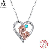 925 Silver Turquoise Baby Feet Heart Pendant Necklace for Women