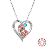 925 Silver Turquoise Baby Feet Heart Pendant Necklace for Women