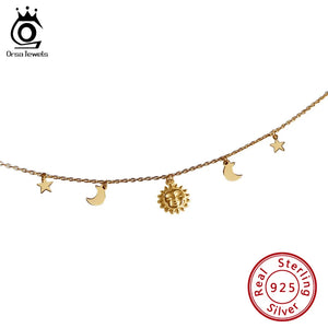 925 Silver Necklace Women 18k Choker Sun Moon Star Clavicle Chain Jewelry
