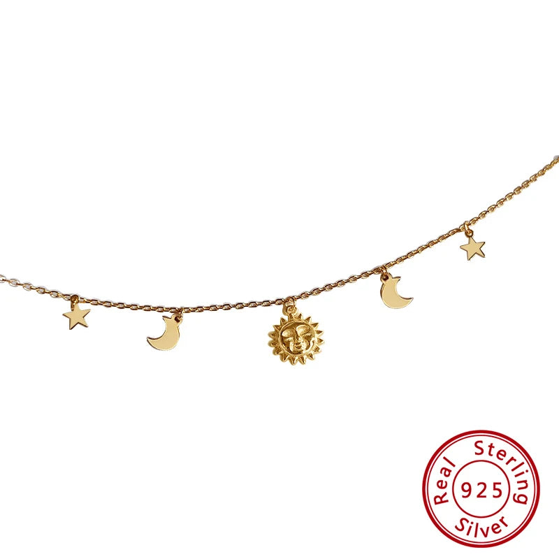 925 Silver Necklace Women 18k Choker Sun Moon Star Clavicle Chain Jewelry