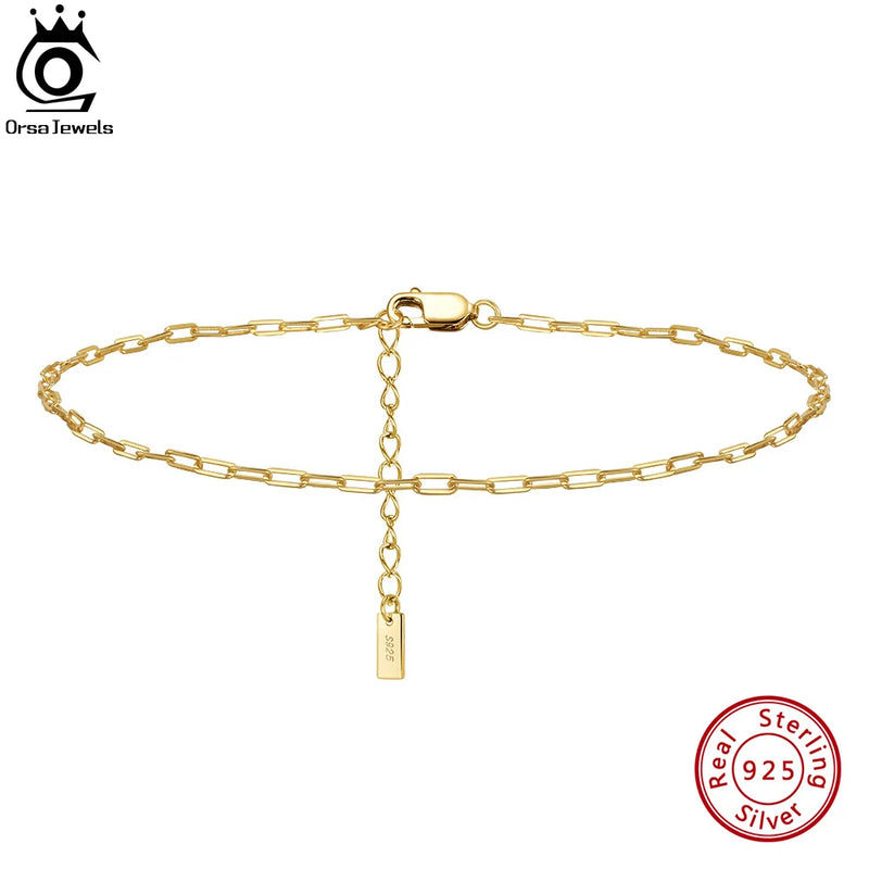 925 Silver Paper Clip Chain Anklet 14K Plated for Women Birthday Gift