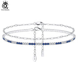 925 Silver Paperclip&Blue Clear Tennis Ankle Bracelet for Women
