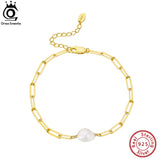 925 Silver Paperclip Vintage Chain Bracelet with Baroque Pearl