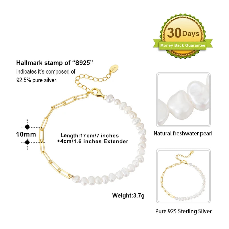925 Silver Pearl Bracelet for Women Girls Vintage Clip Chain Jewelry