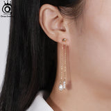 925 Silver Pearl Dangle Earrings w/ Long Chain for Women
