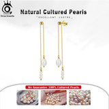 925 Silver Pearl Dangle Earrings w/ Long Chain for Women