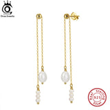 925 Silver Pearl Dangle Earrings w/ Long Chain for Women