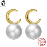 Moon Shape Sterling Silver Pearl Stud Earrings for Women GPE30