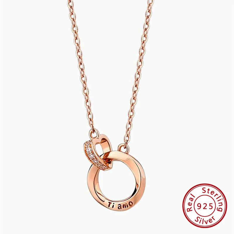 925 Silver Rose Ring Pendant Necklace Ti amo Love Anniversary Romantic Gift