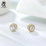 925 Sterling Silver Stud Earrings Round Zirconia 14K Plated Tiny brincos SE295