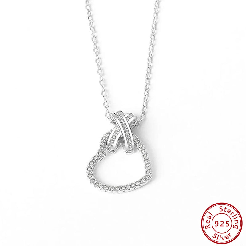 925 Sterling Silver Bowknot Necklace with Zirconia Heart Pendant