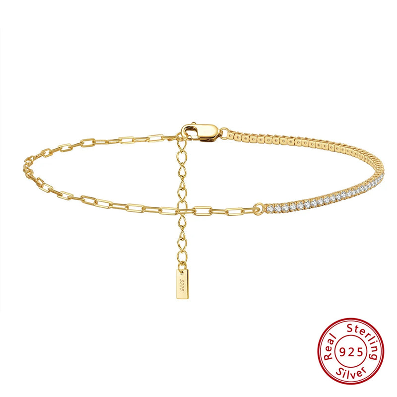 925 Silver Tennis Chain Anklet Clear Zirconia Half Chain Half Tennis for Women