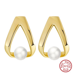 925 Silver Triangle Pearl Earrings Geometric Ear Stud