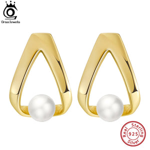 925 Silver Triangle Pearl Earrings Geometric Ear Stud