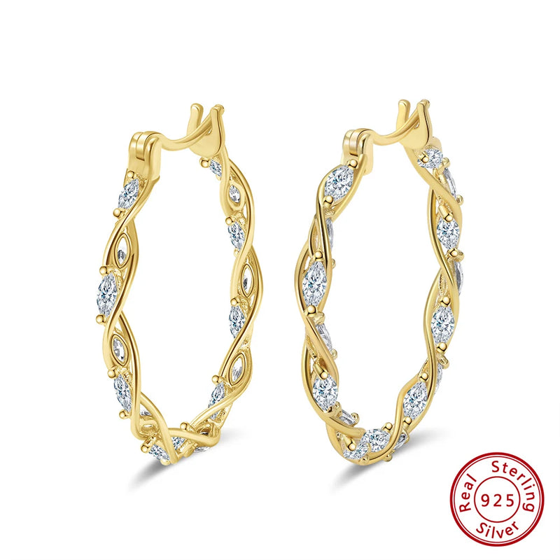 925 Silver Twist CZ Hoop Earrings 30mm for Women SE364