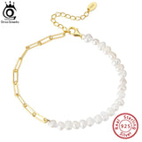 925 Silver Paperclip Chain Bracelet with Pearl 14K GPB01